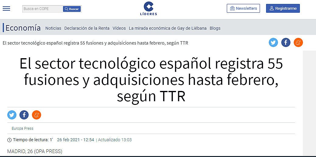 El sector tecnolgico espaol registra 55 fusiones y adquisiciones hasta febrero, segn TTR